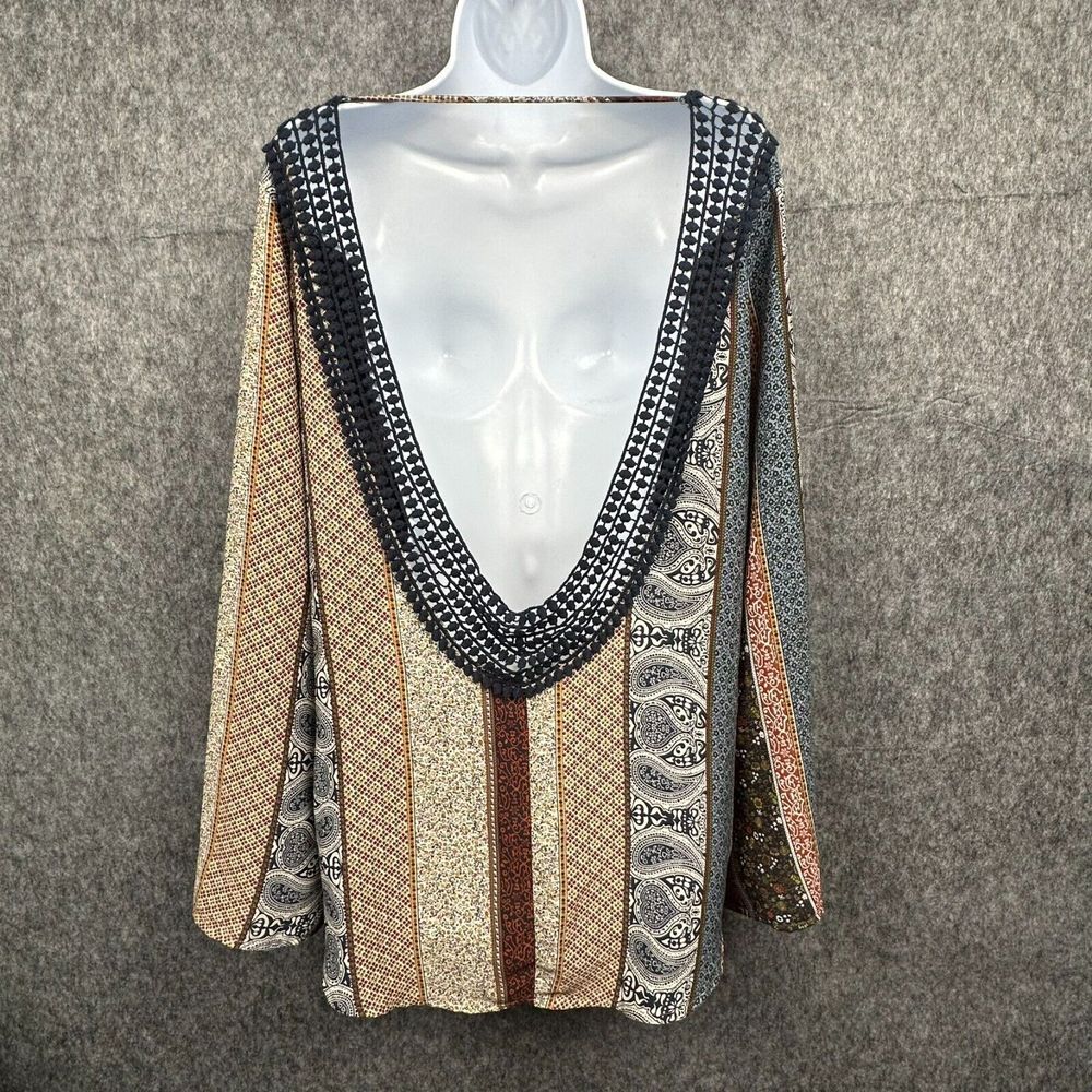 Vintage Havana Tunic Top Women L Crochet Low Scoop Back Long Sleeve Boho Peasant - Picture 4 of 13